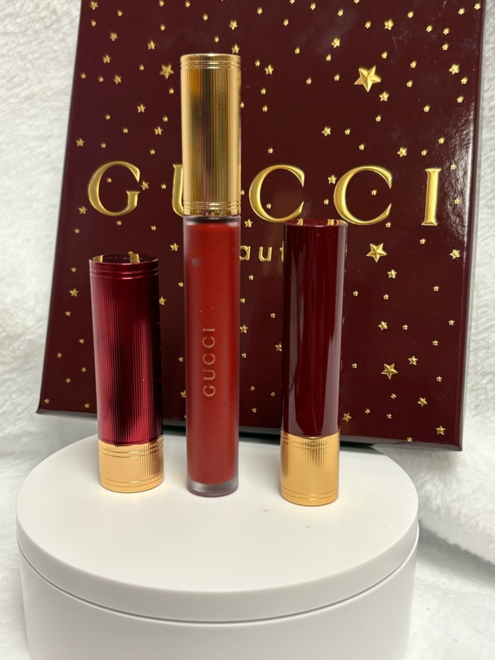 Gucci Beauty Rosso Ancora 509 Lipstick Trio Gift Set NEW Red Cream Liquid Matte - Picture 2 of 6